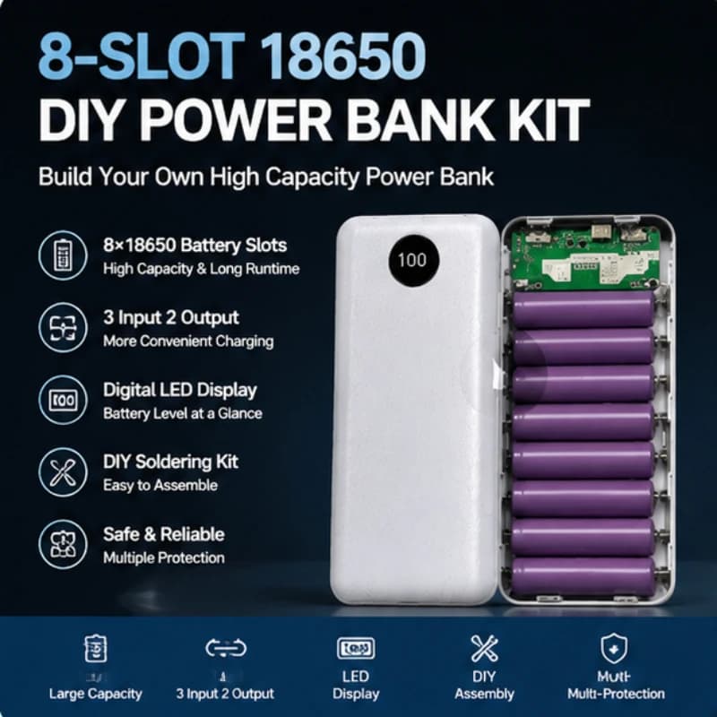 Kit Power Bank Portatile Fai-da-te 8 Celle 18650 Senza Saldatura - Custodia per Power Bank Multi-Cellulare Portatile