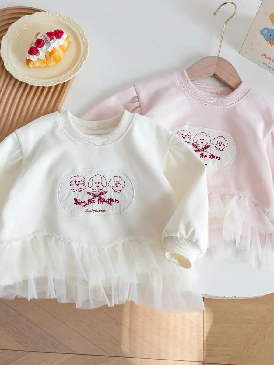 Felpa alla Moda Ricamata con Orlo a Gonna e Stampa di Cane Cartone Animato, Top Trendy Caldo a Maniche Lunghe con Collo Rotondo per Ragazze, Primavera Autunno