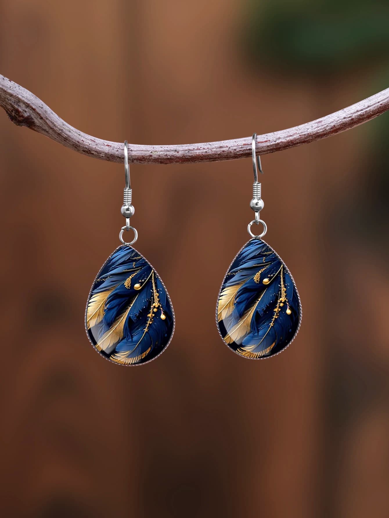 1 paio di orecchini con motivo a piuma blu, con vetro convesso e ganci a goccia in acciaio inossidabile 316, in stile retrò e semplice, adatti per le donne per l'uso quotidiano e come regalo, orecchini gioiello dallo stile elegante e semplice, adatti per le donne per l'uso quotidiano e per le vacanze.