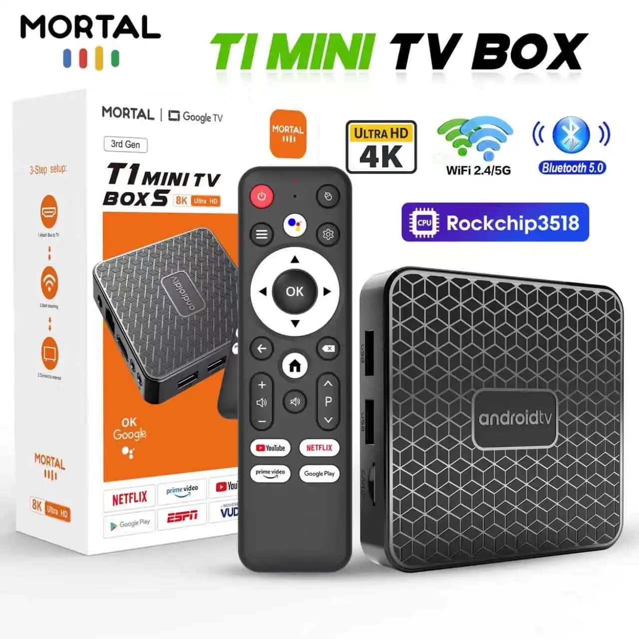 Smart TV Box Android 14 Assistente vocale Google 2GB 16GB WiFi 2.4&5.8G BT 5.0 4K@60fps RK3518 Lettore multimediale domestico wireless T1 Min