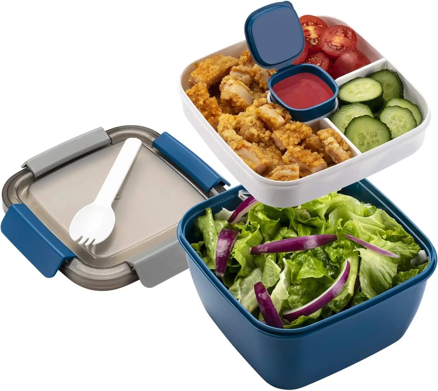 Contenitore per Insalata da 52 oz con 3 Scomparti, Porta Pranzo Ermetico per Lavoro o Picnic, Blu
