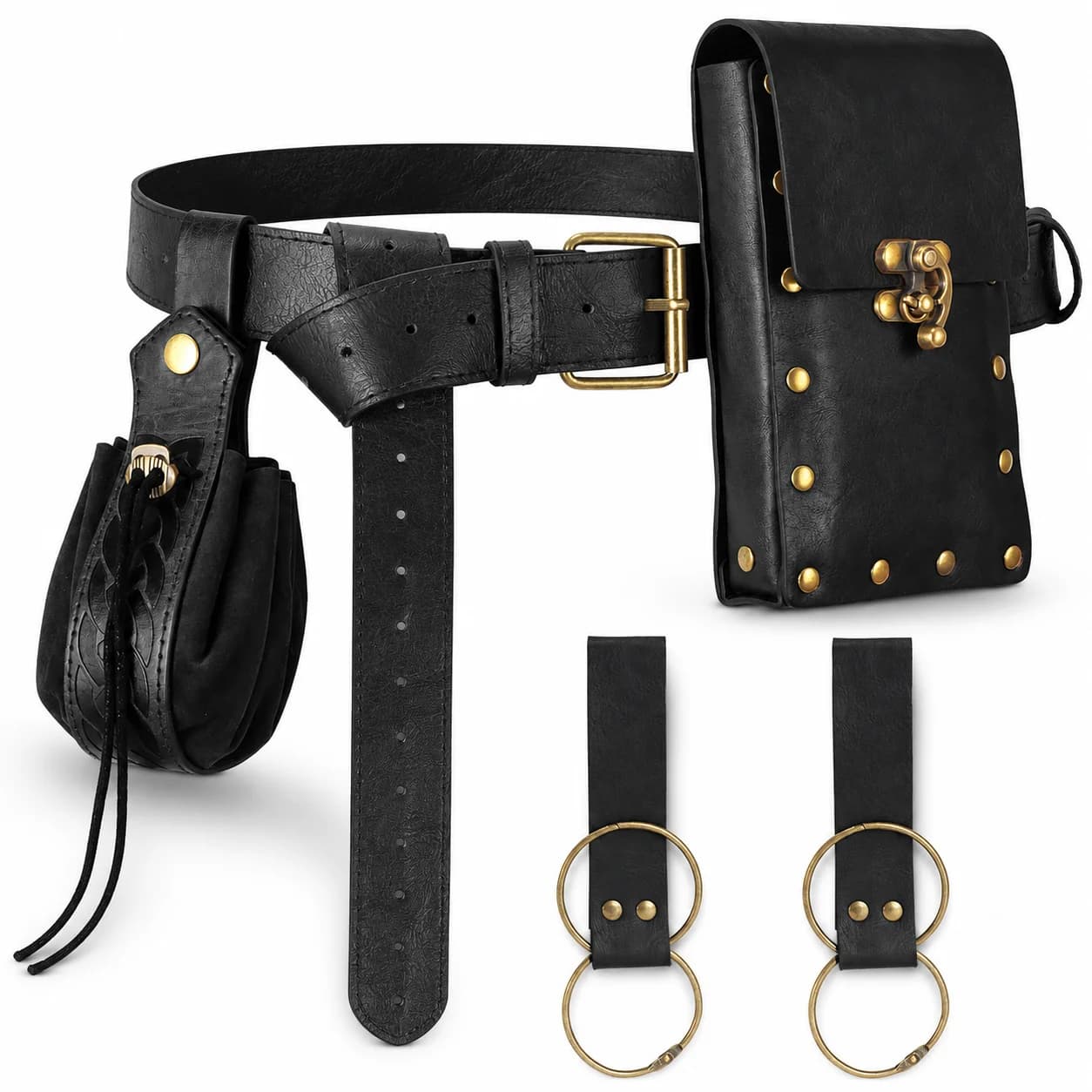 Cintura Utility in Pelle Nera Premium con Accessori, Attrezzatura per Costume Medievale Steampunk, Cosplay Regolabile in Vita, Halloween