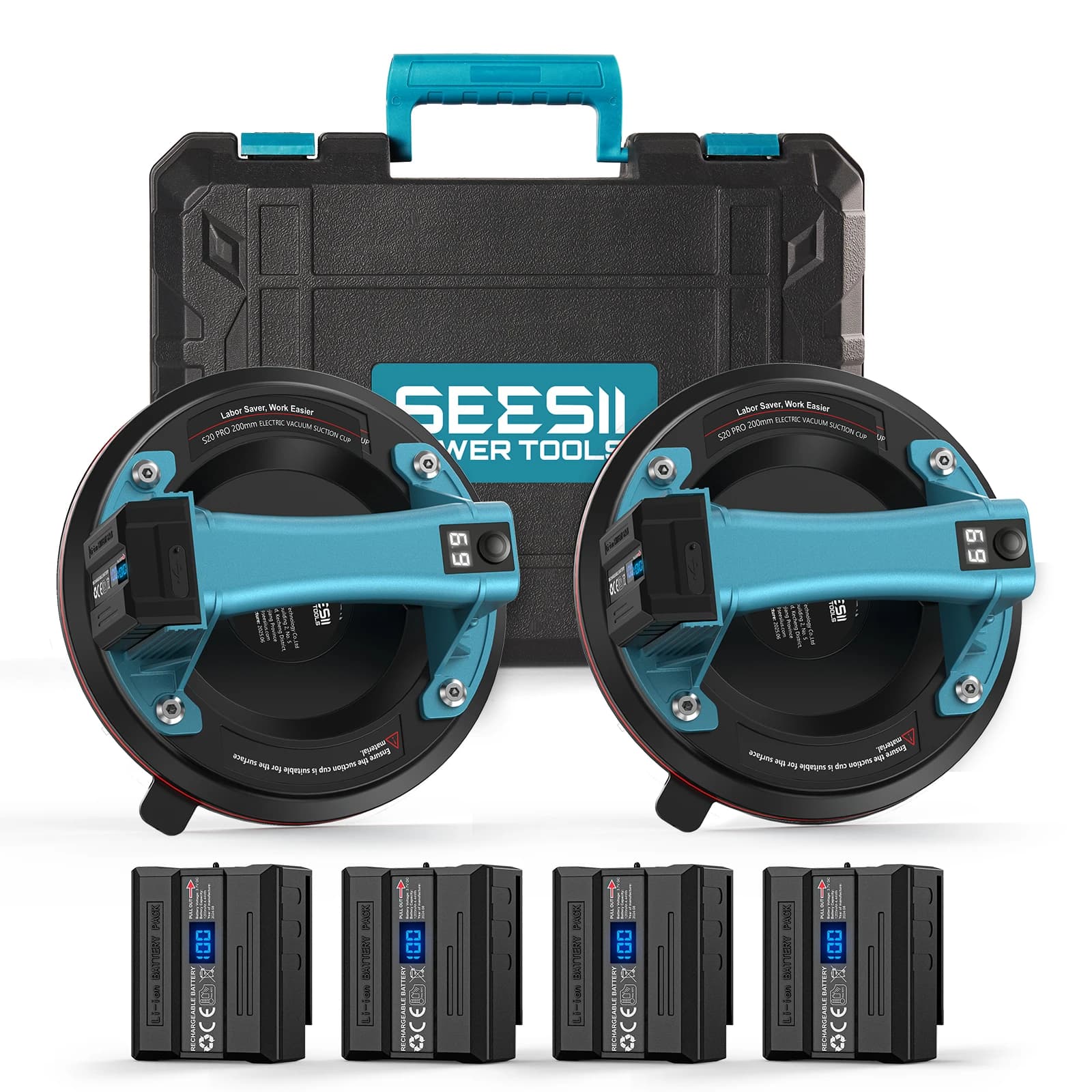 SEESII Electric Vacuum Suction Cups 272KG 600 LBS Digital Display Ceramic Glass 8" Heavy Duty Tile Suction Cups Lifting Magnets Tools with 2400mAh Battery