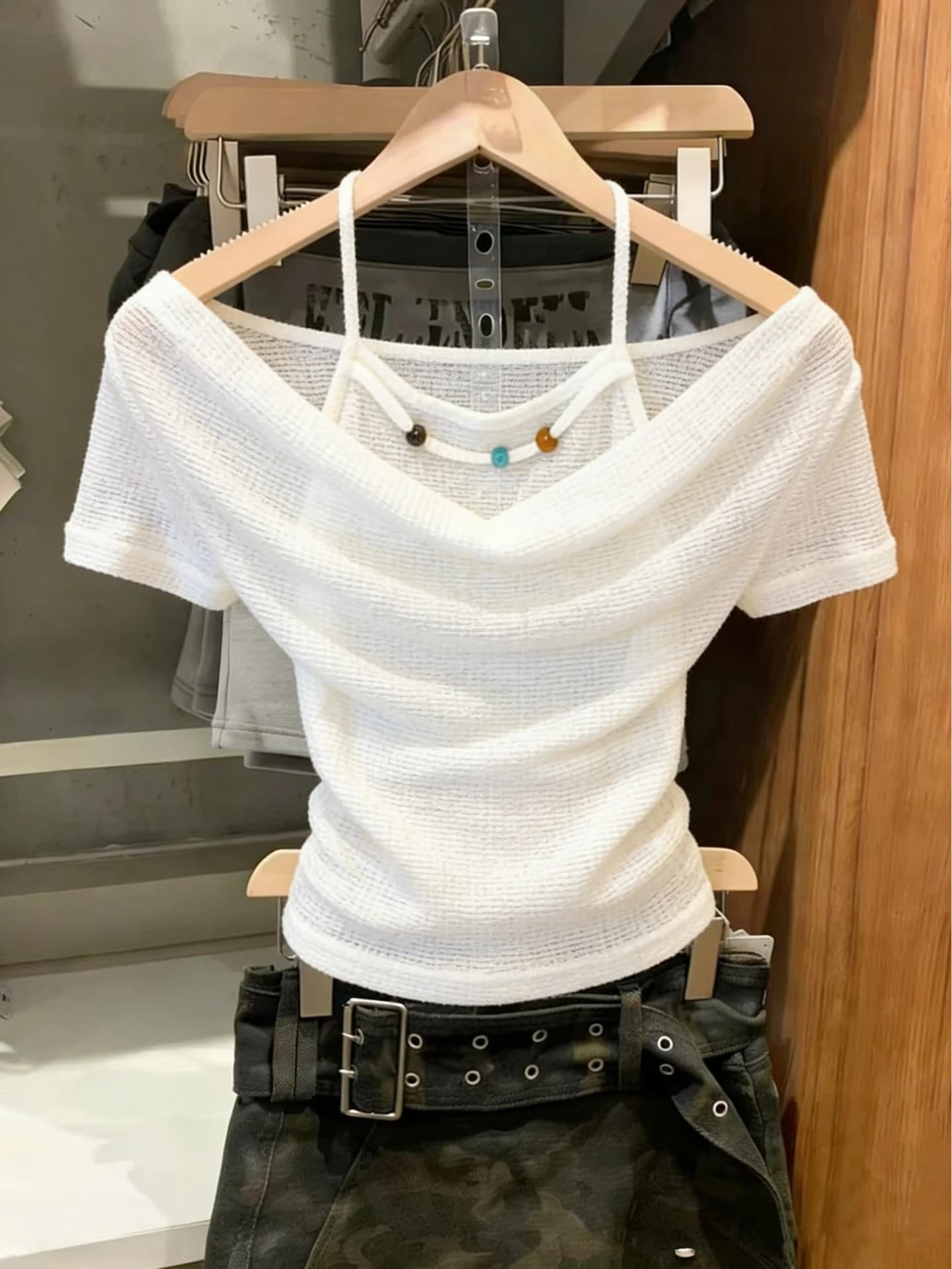 Sweet And Spicy Girl Neck Hanging False Two-Piece Short Sleeve T-Shirt Women's Summer New Pure Desire Swing Neck Design Waist...