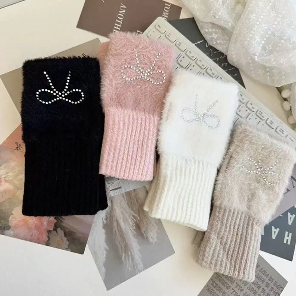 Gloves with fashionable bow Hotfix Knit Gloves Solid color with rhinestone Gloves Mid Korean style without fingers Cycling
