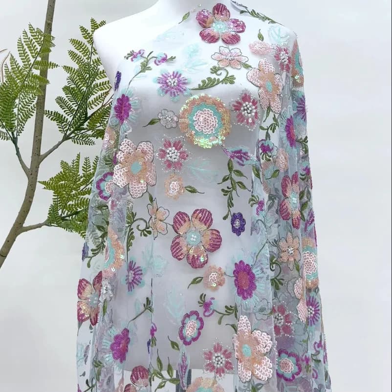 130cm Wide Pink Green Floral Embroidery Fabric European American Bridal Gown Sequin Beaded Wedding Dress Material F087