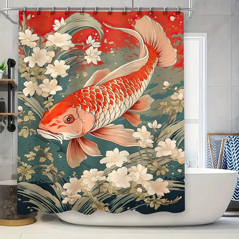 Tenda da doccia con pesce Koi rosso con tessuto premium dal design floreale, decorazione da bagno impermeabile per la decorazione domestica