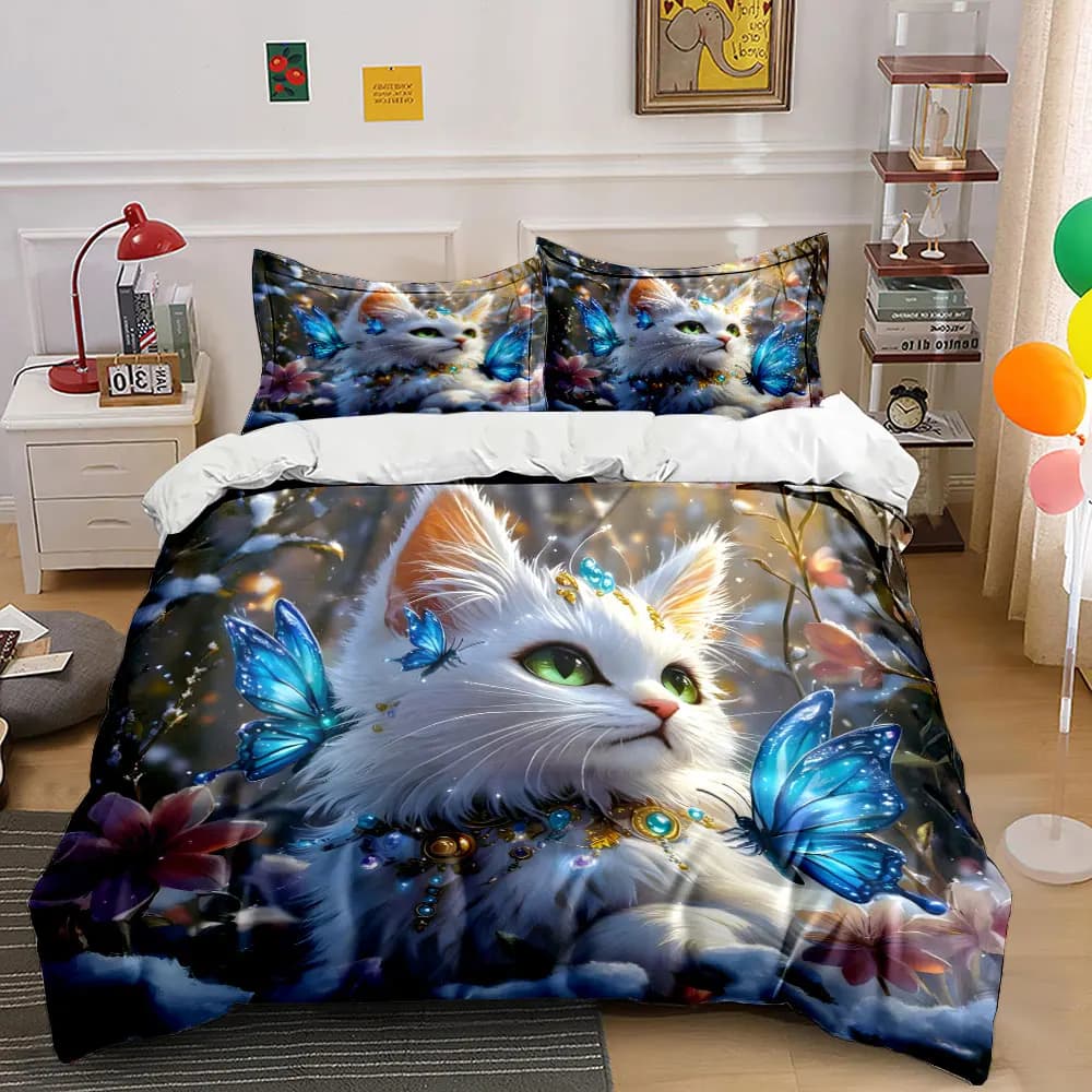 Fantasy white cat with blue butterflies Print Bedding Set 1 Duvet Cover 2 Pillowcases for Adult and Children Luxury Gift
