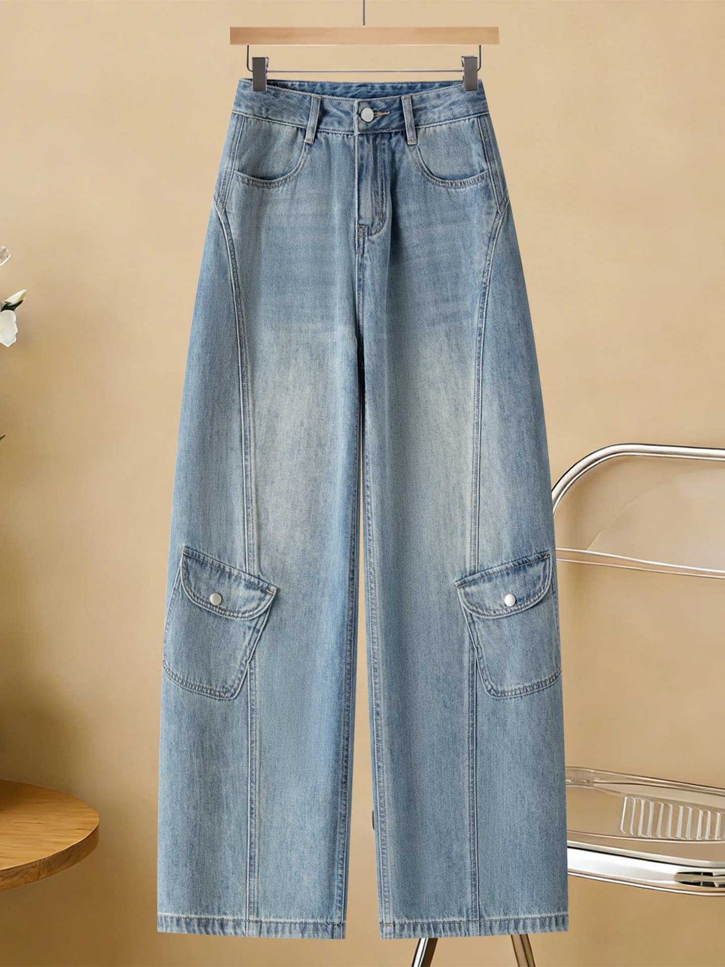 Jeans in denim a vita alta a gamba larga da donna, stile casual, collezione Primavera Autunno 2026, nuovi pantaloni dritti popolari per il lavoro