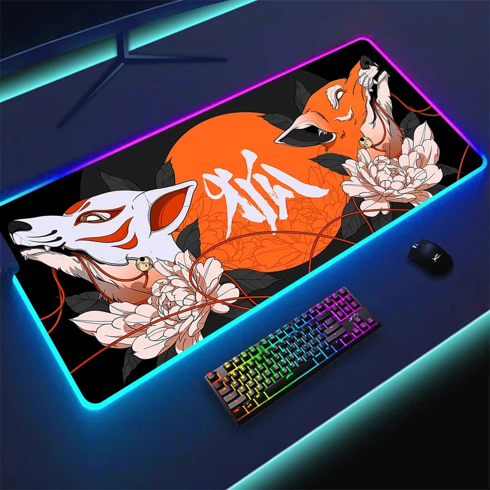 Cartoon Cute Fox Mask Mousepad RGB Pc Gamer Tastiera Mouse Pad LED Incandescente Tappetini per mouse Gomma Gaming Computer Mausepad 50x100CM