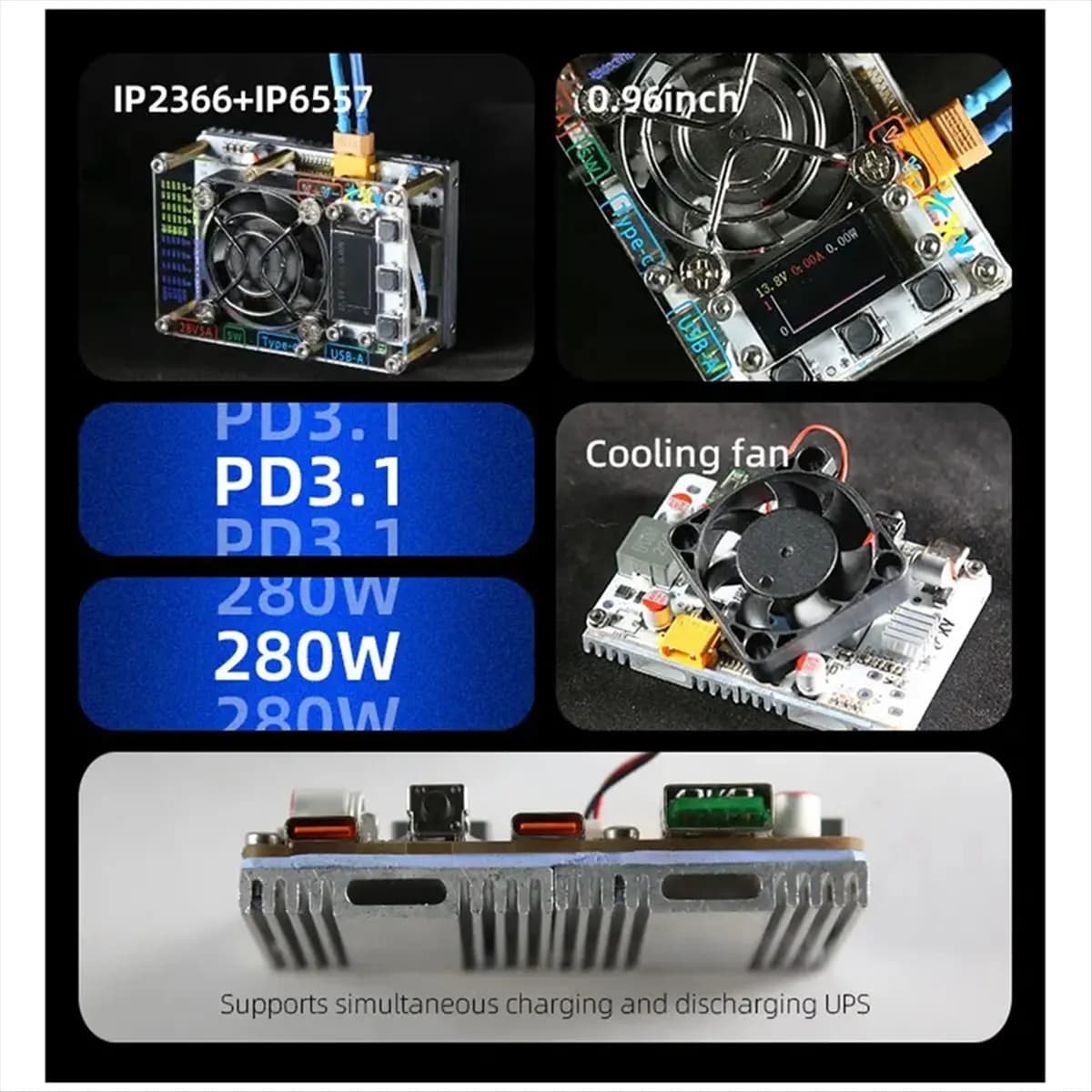 PD3.1 140W + 140W Modulo di ricarica rapida da 0,96 pollici Li/Li-Iron 21700/18650 2S/3S/4S/5S/6S Scheda madre Powerbank fai da te XT30