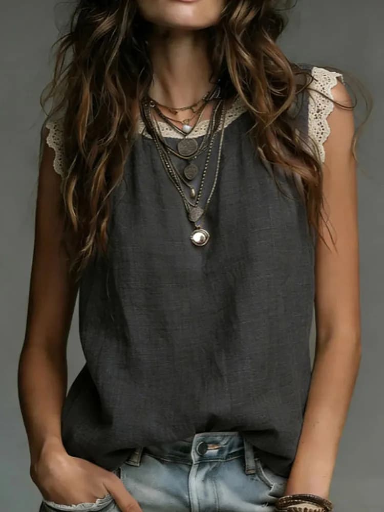 Vintage Solid Slim Women's Tops Pullover Casual Round Neck Patchwork Lace Blouse Shirts New Summer Sleeveless Streetwear T-shirt