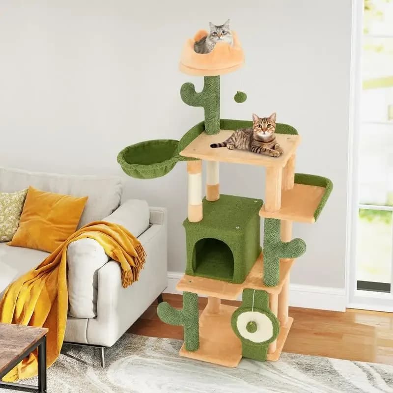 Albero per Gatti a Forma di Cactus da 63 Pollici con Posti di Tiraggio in Sisal e Tavola per Gatti da Interno