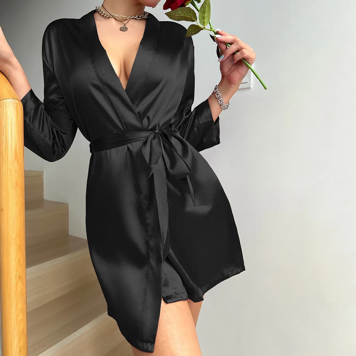 Pajamas women summer European and American ladies lace-up bathrobe sexy morning gown home dress can wear ice silk robe