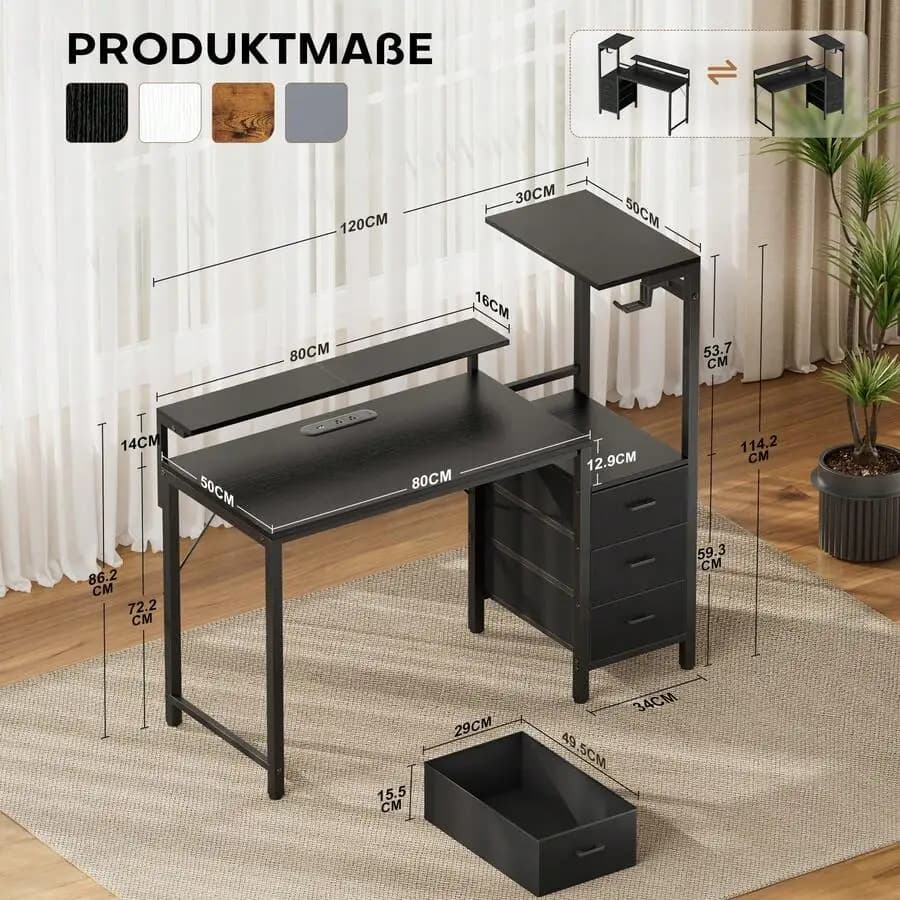 Gaming Desk With Monitor Stand & Dresser, LED Lights, Built-In Power Outlets & USB Charging, Home Office Computer Desk With Stor