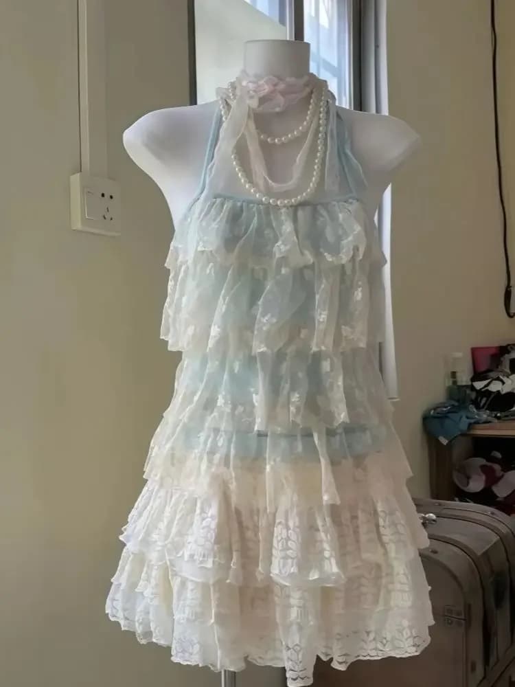 Estate dolce e carino pizzo set da 2 pezzi donna casual pizzo giuntura senza maniche top con scollo slash + minigonna a vita alta Y2k coreana