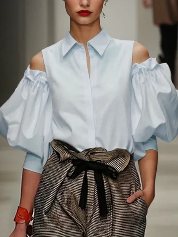 Modigirl 2025 Estate Nuove Donne Tuxedo Camicetta Camicie Spalla Fredda Ufficio Festa Per Il Tempo Libero Azzurro Nero T-Shirt Top per Le Donne