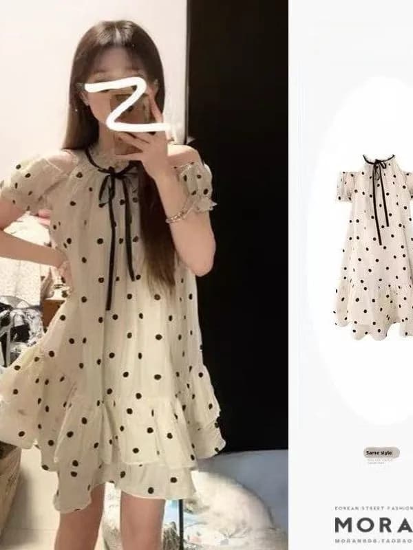 Sweet And Spicy Polka Dot off Shoulder Dress Women's Summer Loose Fitting Bubble Sleeve Beautiful Short Skirt High Waist A-Li...