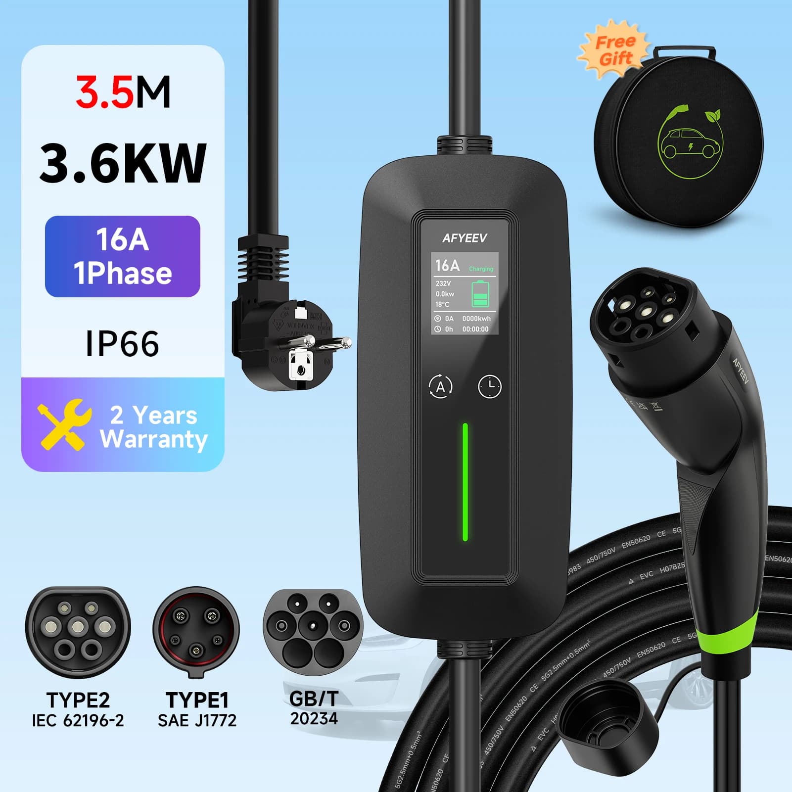 Portable Charger Type2 IEC62196-2 EV 3600W 16A Type1 SAE J1772 Electric Car Charger GB/T EVSE Wallbox Charging Cable