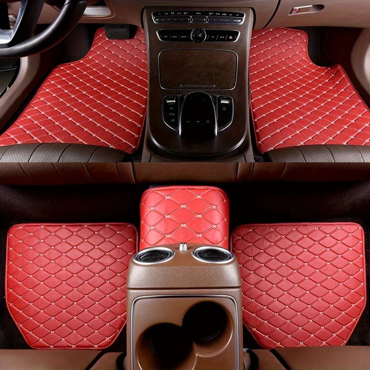 5Pcs Car Floor Mats Full Set PU Leather Diamond Quilted Universal Auto Floor Carpets Protectors for Cars SUVs