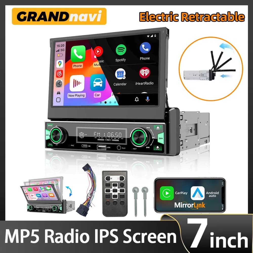 Autoradio MP5 1DIN 7 Pollici con Schermo Touch IPS Retrattile Automatico, FM AM RDS, CarPlay Wireless, Android Auto, GPS