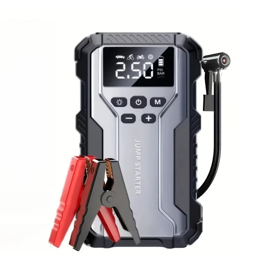 Avviatore di Emergenza 4 in 1, Caricabatterie Auto Multifunzione 12V, Power Bank, Compressore d'Aria Portatile, Splitter di Emergenza Automobilistico