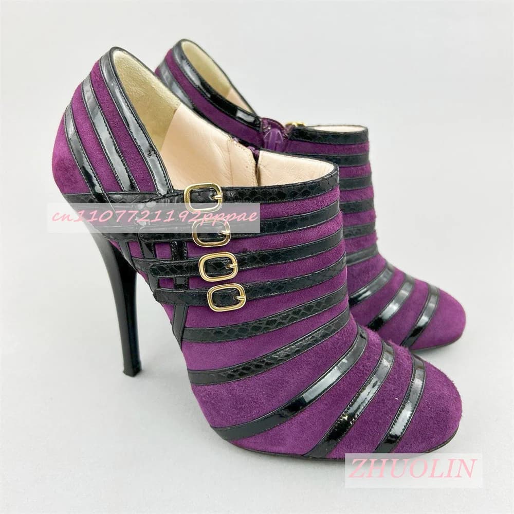 Nuova primavera stivaletti in pelle scamosciata viola da donna scarpe casual con tacco a spillo taglio basso scarpe da festa alla moda con cinturino con fibbia 46