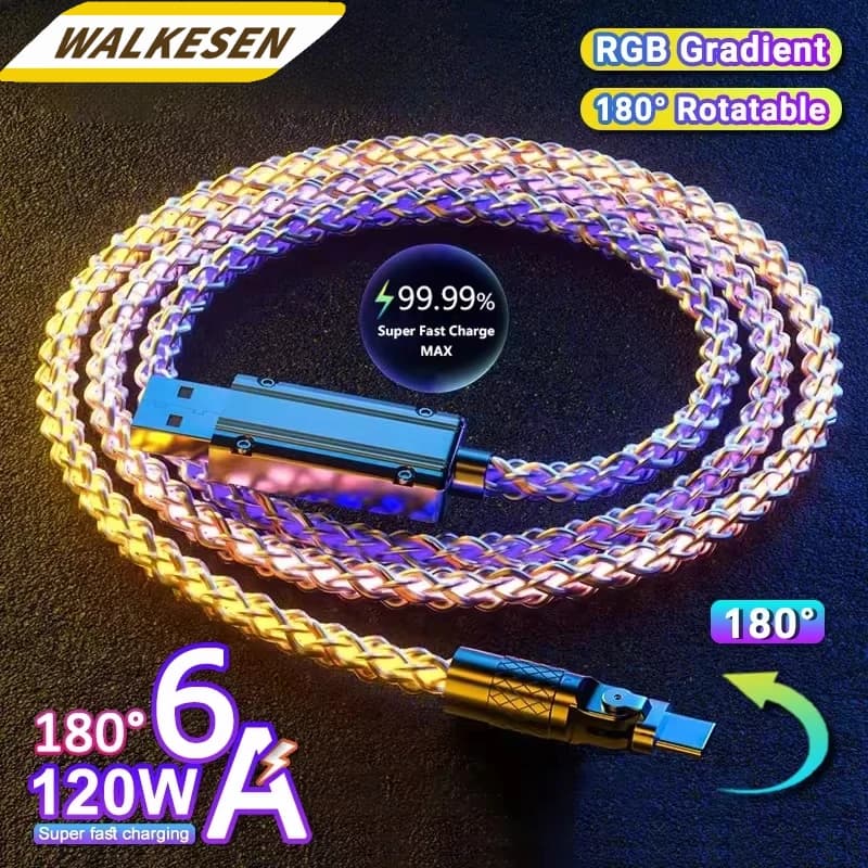 120W 6A 180° Rotation Super Fast Charging Cable with LED Glowing Elbow Cable USB Type-C Micro Data Line for iPhone Huawei Xiaomi