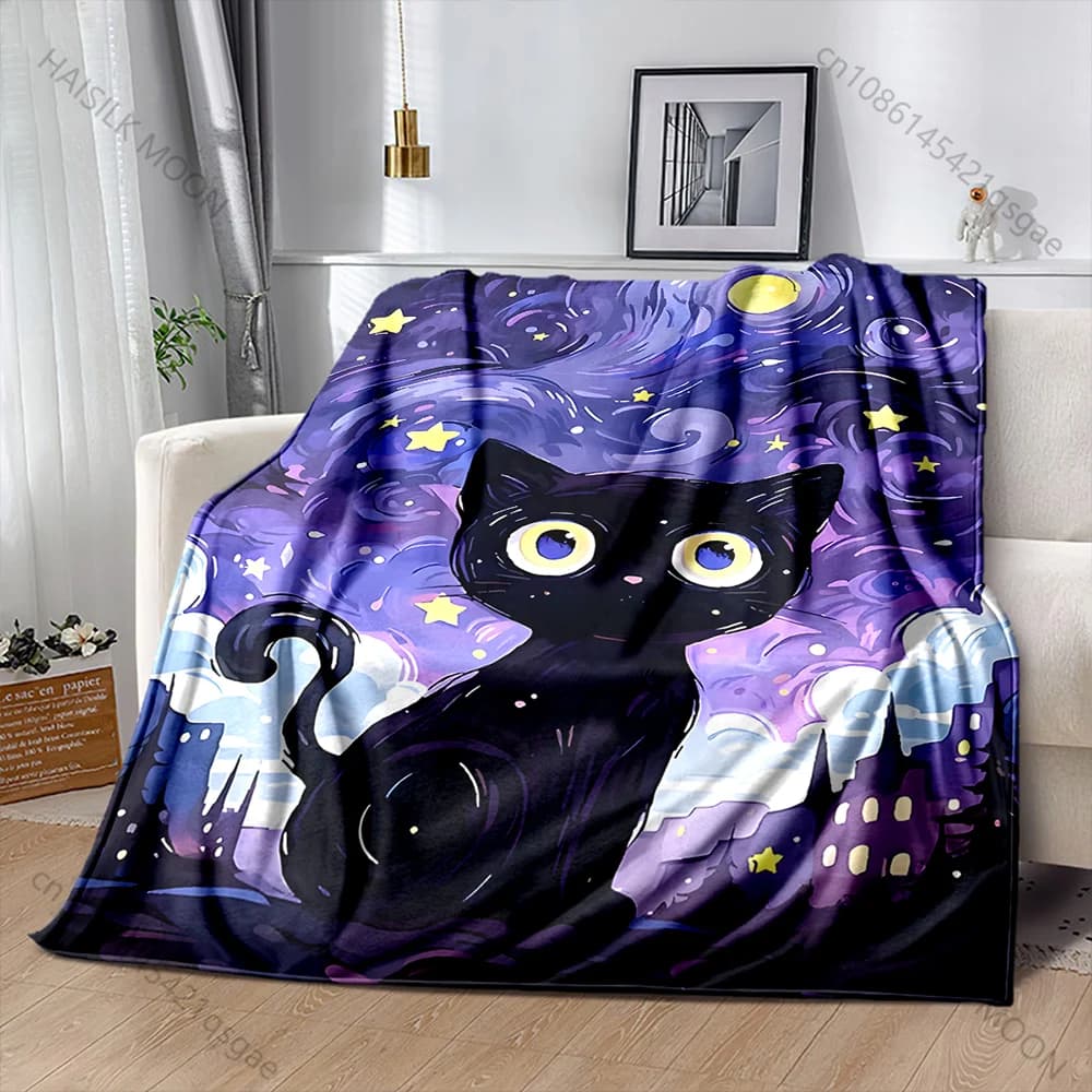 1PC Coperta calda con stampa gatto nero nel cielo notturno per adulti e bambini, per casa, viaggi, auto, morbida e confortevole, adatta a tutte le stagioni
