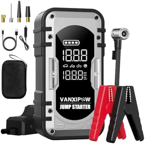 VANXIPOW Avviatore di Emergenza Portatile 4500A con Compressore d'Aria e Luce LED - Booster per Batteria Auto 12V e Power Bank