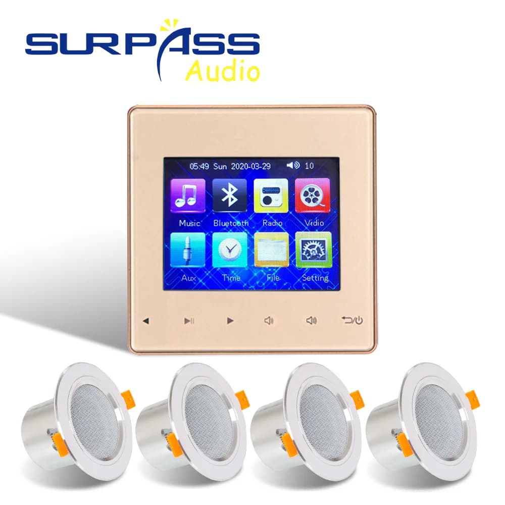 Amplificatore audio stereo digitale Bluetooth da parete Mini touch screen da 3,5 pollici Lettore musicale Kit altoparlante da soffitto impermeabile da 10 W per bagno