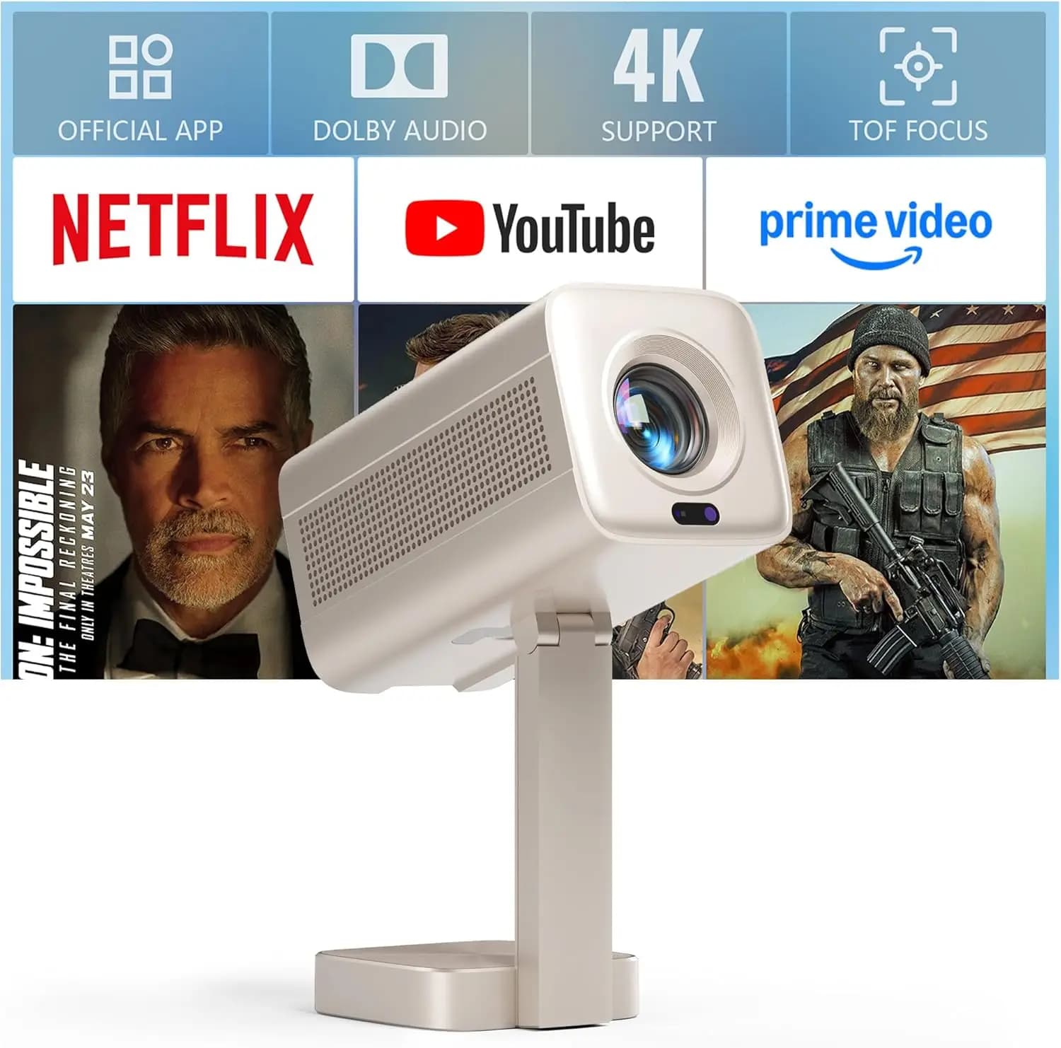 Mini Proiettore con WiFi e Bluetooth, Risoluzione Nativa 1080P, Autofocus TOF, Supporto 4K, Proiettore Portatile per Cinema all'Aperto