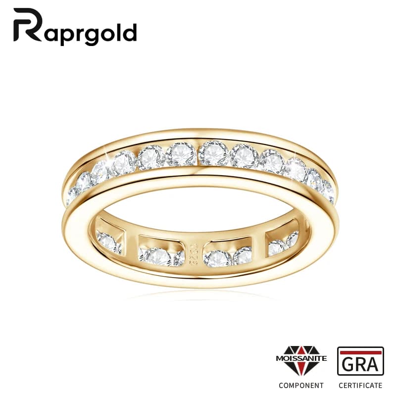 RAPRGOLD S925 Anello in argento con scanalatura intarsiata D VVS1 Anello rotondo in moissanite per le donne Anello nuziale di moda Fascia per l'eternità con certificato