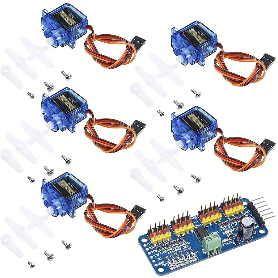 5pcs SG90 9G Servo Motors + 16-Channel PWM Servo Driver PCA9685 IIC Module 12-Bit Kit, Suitable for RC Robotic Arms, Helicopters, Airplanes, Vehicles, And Arduino Remote Controls