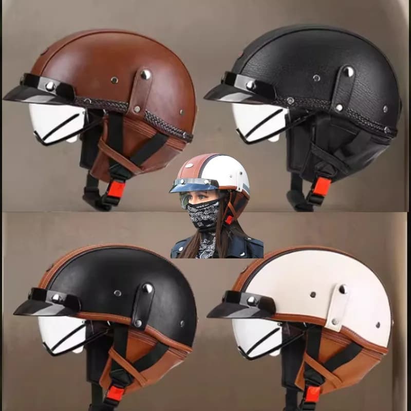 Caschi da moto Mezzo casco in pelle a basso profilo Visiera incorporata Uomo Donna Mezzo casco da pilota Chopper Biker Vendita calda Estate