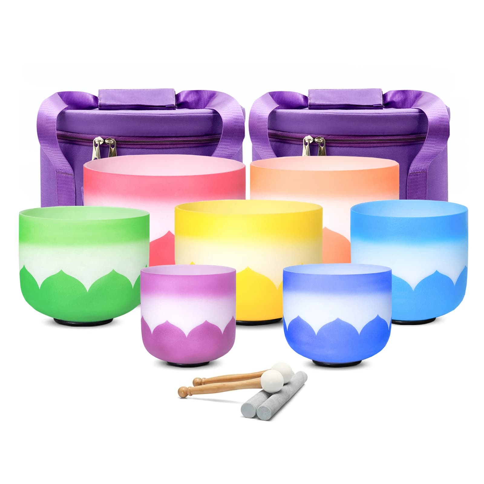 Hye-eun New Lotus Design 7-12" Chakra Set of 7pcs Frosted Quartz Crystal Singing Bowl CDEFGAB Note for Sound Healing with Bags