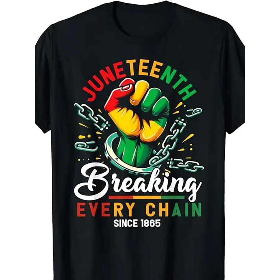 T-shirt Juneteenth da uomo - Maglietta grafica Breaking Every Chain Since 1865 con vivace simbolo di pugno verde e giallo, African Ameri