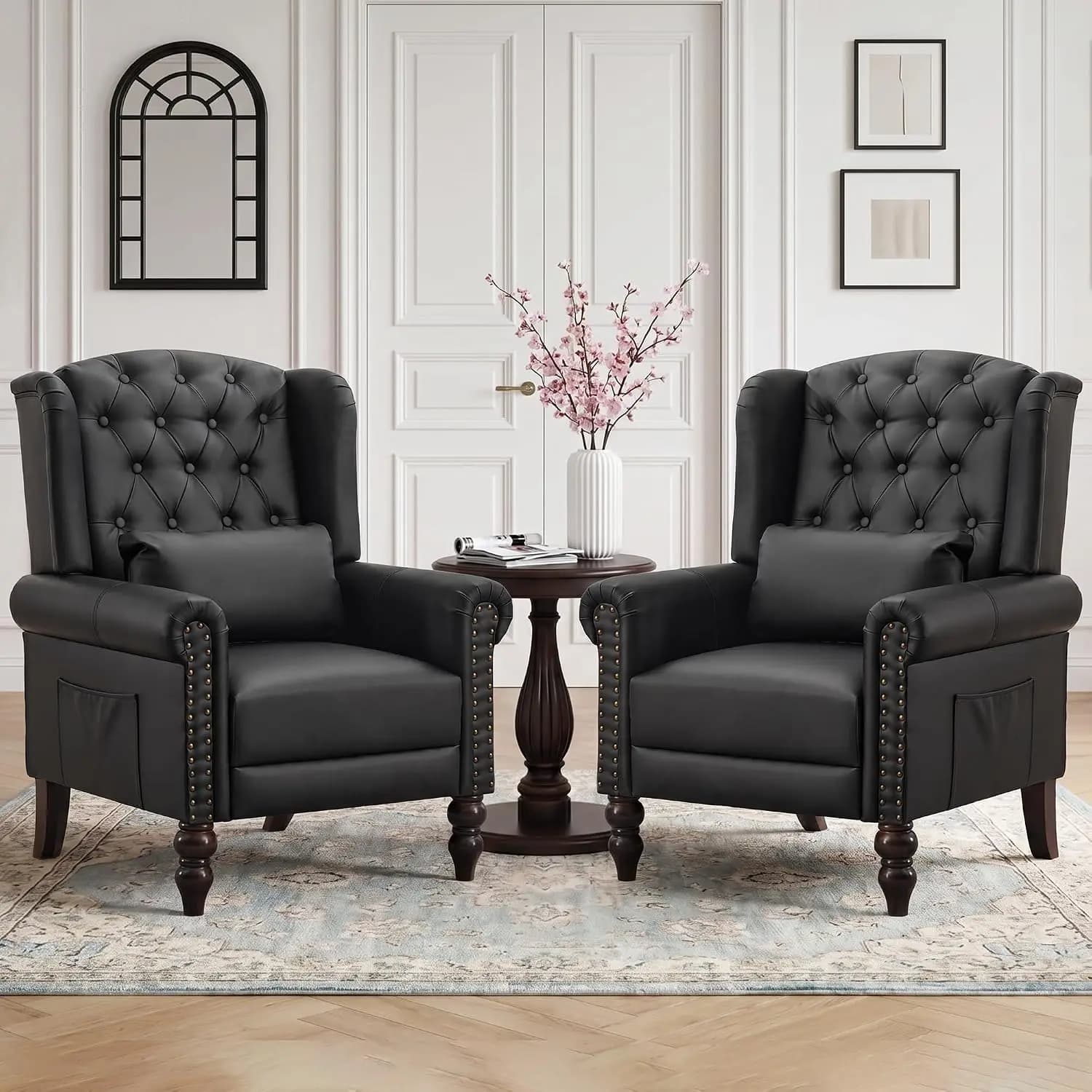 High Back Accent Armchair, Faux Leather with Nailhead Trim& Button Tufted Wingback, Wood Leg & Pillow for Living Room,Customized