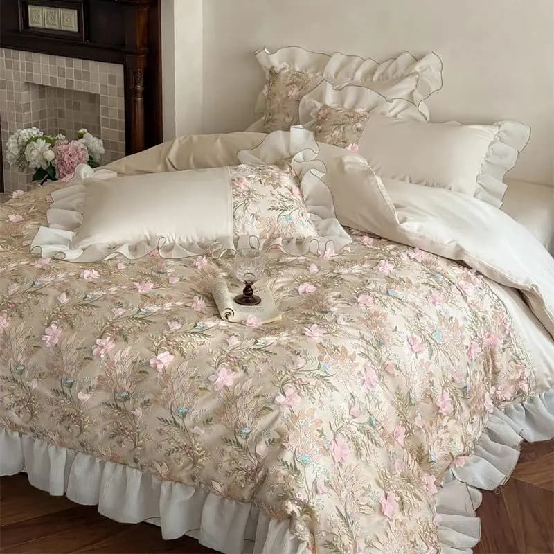 Set di Biancheria da Letto in Cotone Egiziano 1000TC, Copripiumino, Lenzuolo Piatto/Con Angoli, Federe, Ricami Floreali con Volant, Lussuoso Set di Biancheria da Letto