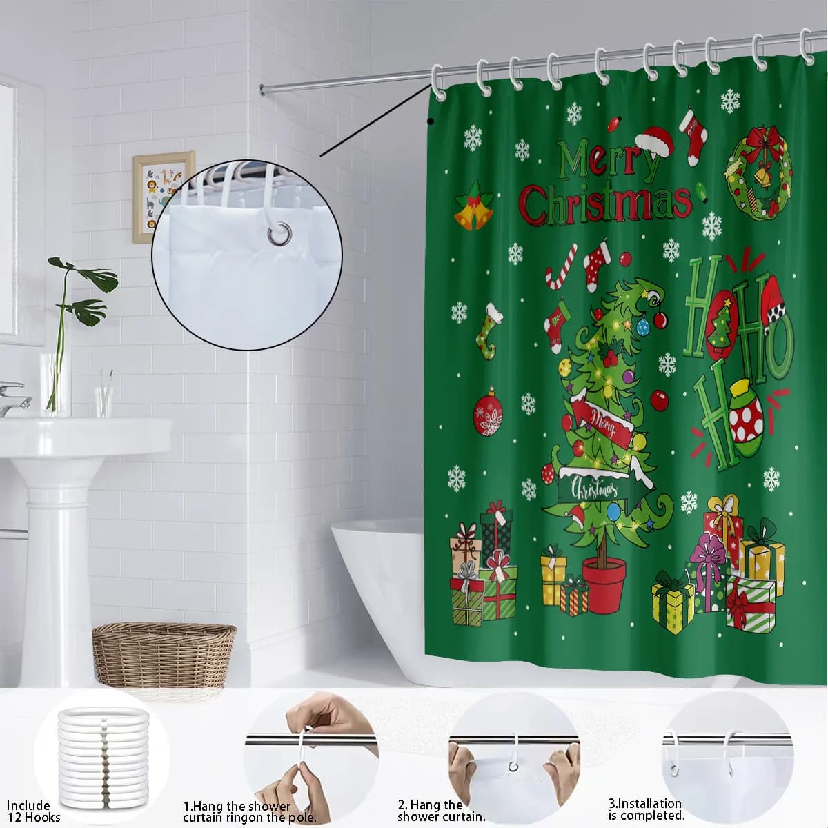 Tenda da doccia impermeabile stampata verde Merry Christmas da 1 pezzo con 12 ganci, disponibile in diverse dimensioni e lavabile in lavatrice