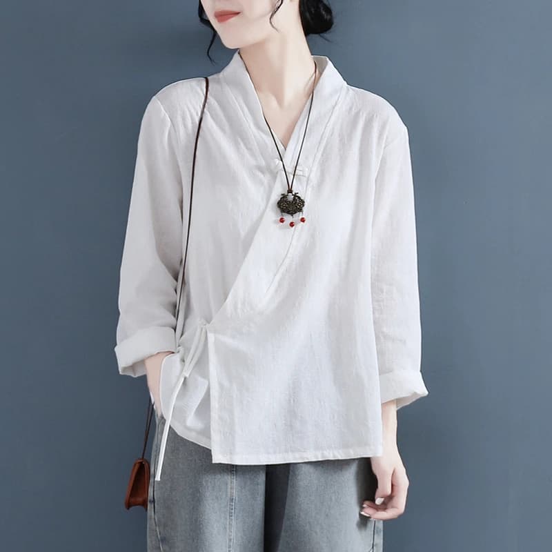 Summer Cotton and Linen Women's Shirt Cross V-Neck Long Sleeve Chinese Style Top Tea Clothing Hanfu Thin Loose Blouse