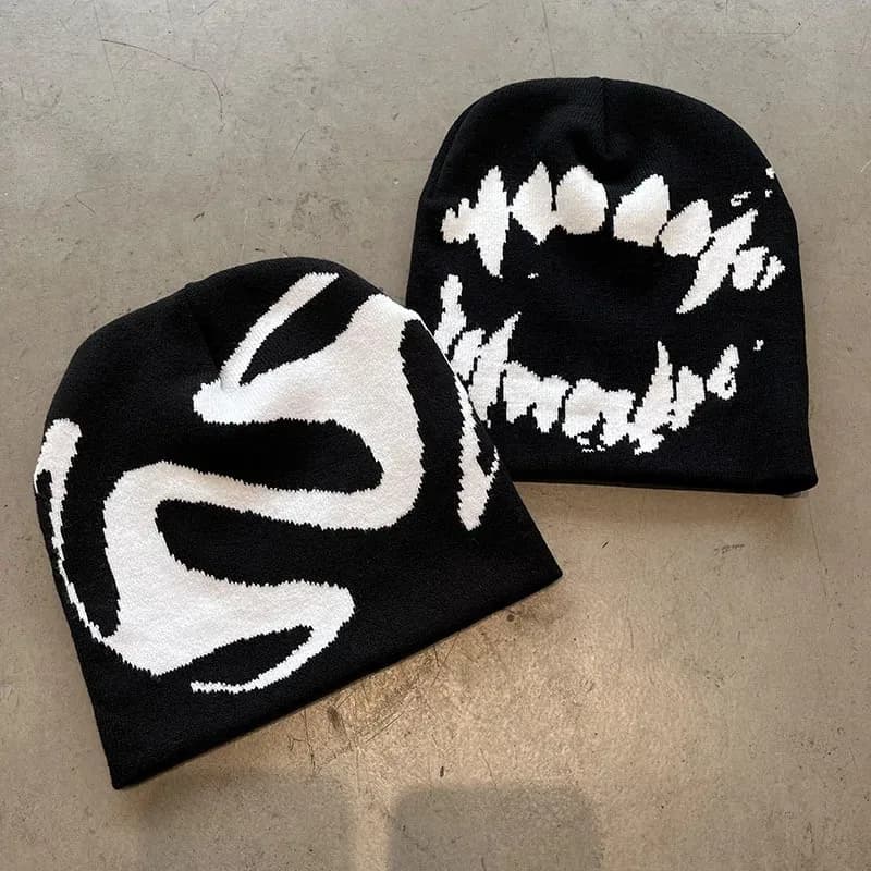 Women's knitted hat, goth caps, toothed hats, Y2K streetwear for men, winter fashion, vintage Kpop Harajuku pullover, hot, hip hop, unisex