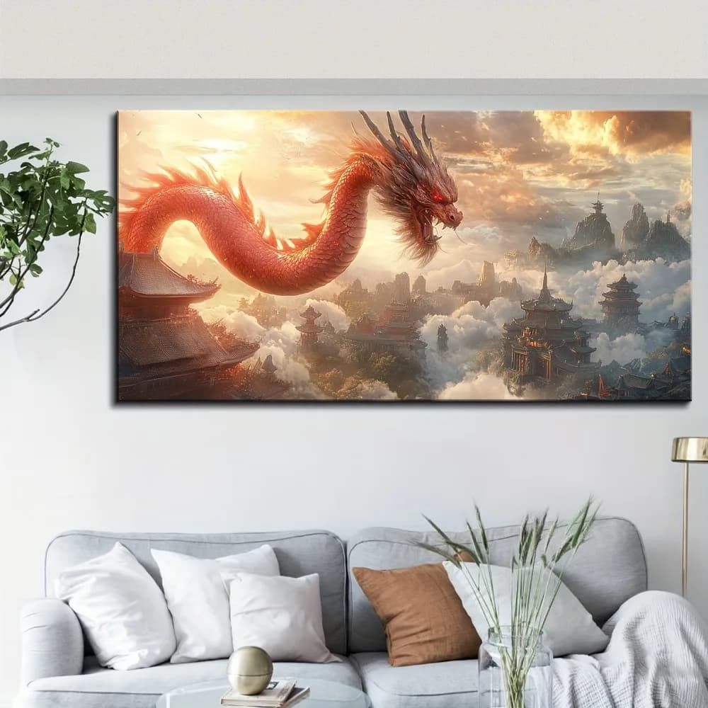 Hanging image with print on majestic oriental dragon canvas, 1.5 inch thick pine frame, vibrant mythical creature