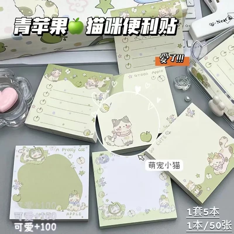 60 Fogli di Note Adesive a Tema Mela Verde e Gattino, Stile Carino e Trendy, Super Spesse, per Studenti, per Diari Personali, Speciali, Portatili, Kawaii