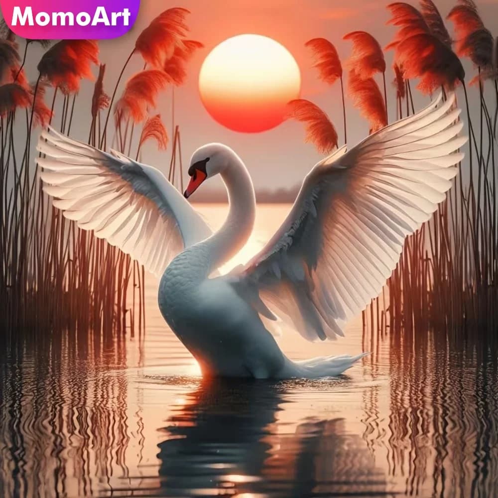Momoart Nuovo Arrivo Kit Pittura Diamante Cigno Animale Fai da Te, Mosaico Diamantato Completo Quadrato e Rotondo, Punto Croce, Decorazione Tramonto per la Casa