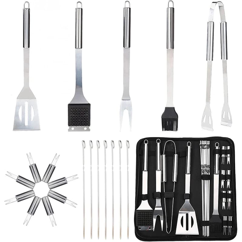 LMETJMA Set di strumenti per grigliare barbecue da campeggio Accessori per barbecue in acciaio inossidabile Set di strumenti per griglia con borsa portatile Kit di utensili per barbecue JT500
