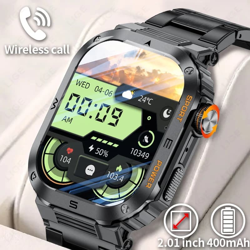 LIGE 2026 Smartwatch Military Robust and Resistant, Waterproof IP68, 2.01''' HD Display, Bluetooth, Vocal Control, Compatible with Android and iOS