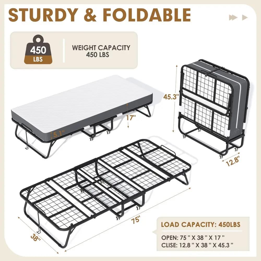 Foldable bed with mattress, 75 x 38 cm, Foldable beds with 5 Memory Foam mattresses for adults, Foldable beds for children