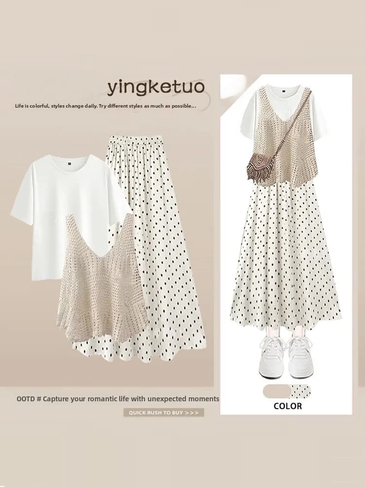 Completo Estivo alla Moda: Gonna a Pois, Maglia Traforata e T-Shirt - Set Tre Pezzi da Donna