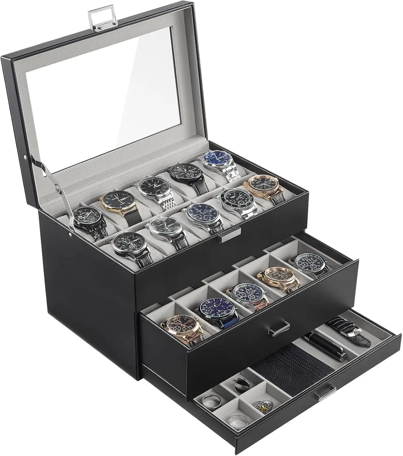 Exhibitor for Watches at 20 Departments with Glass Cover, 3 Level Clocks for Men, Jewelry Organizer - Black